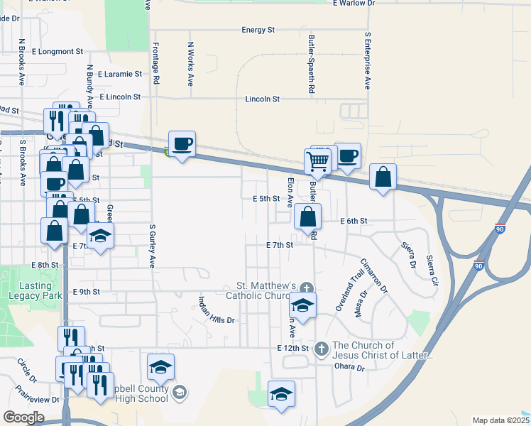 map of restaurants, bars, coffee shops, grocery stores, and more near 1301-1339 East 5th Street in Gillette