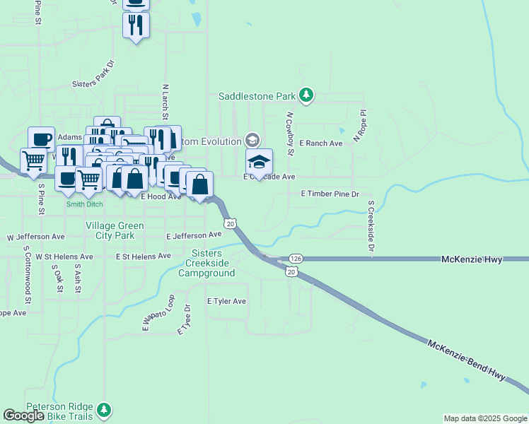 map of restaurants, bars, coffee shops, grocery stores, and more near 109 Timber Pine Place in Sisters