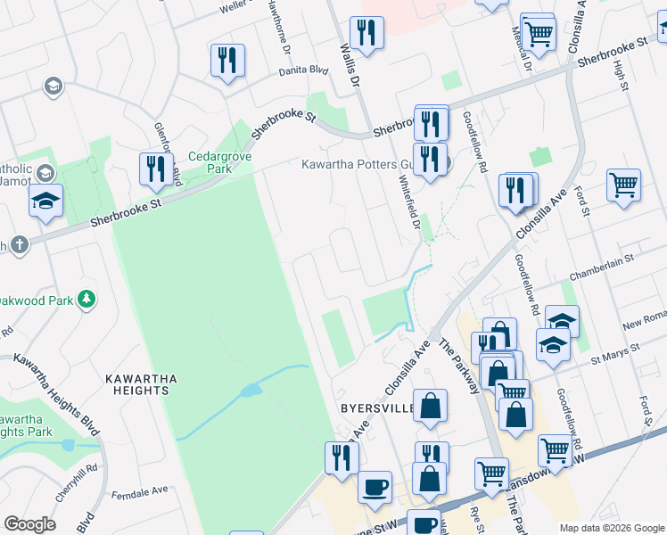 map of restaurants, bars, coffee shops, grocery stores, and more near 1094 Afton Road in Peterborough
