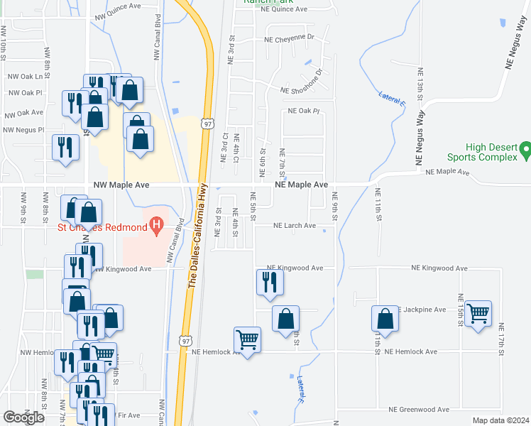 map of restaurants, bars, coffee shops, grocery stores, and more near 576 Northeast Negus Loop in Redmond