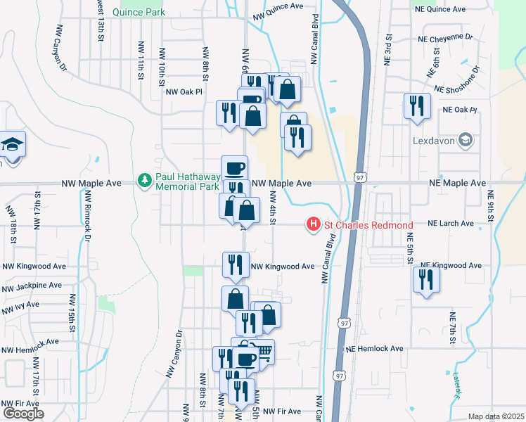 map of restaurants, bars, coffee shops, grocery stores, and more near 440 Northwest Maple Avenue in Redmond
