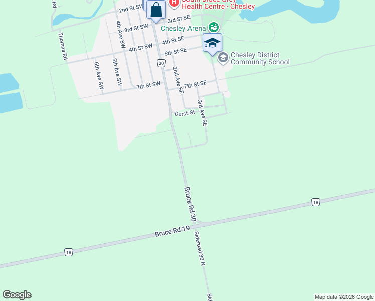 map of restaurants, bars, coffee shops, grocery stores, and more near 30 12th Street Southeast in Chesley