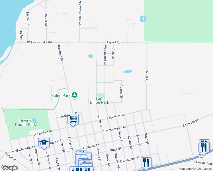 map of restaurants, bars, coffee shops, grocery stores, and more near 730 Wadsworth Street in East Tawas