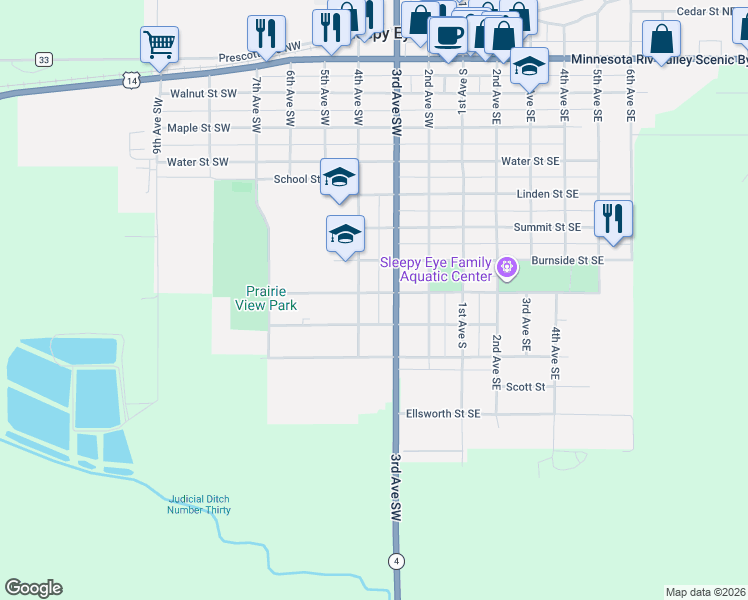 map of restaurants, bars, coffee shops, grocery stores, and more near 304 Brackenridge Street Southwest in Sleepy Eye