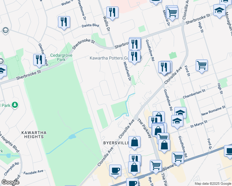 map of restaurants, bars, coffee shops, grocery stores, and more near 137 Greenhill Drive in Peterborough