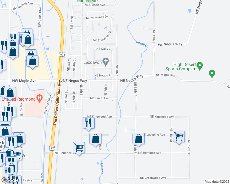 map of restaurants, bars, coffee shops, grocery stores, and more near 1454 Northeast 8th Street in Redmond
