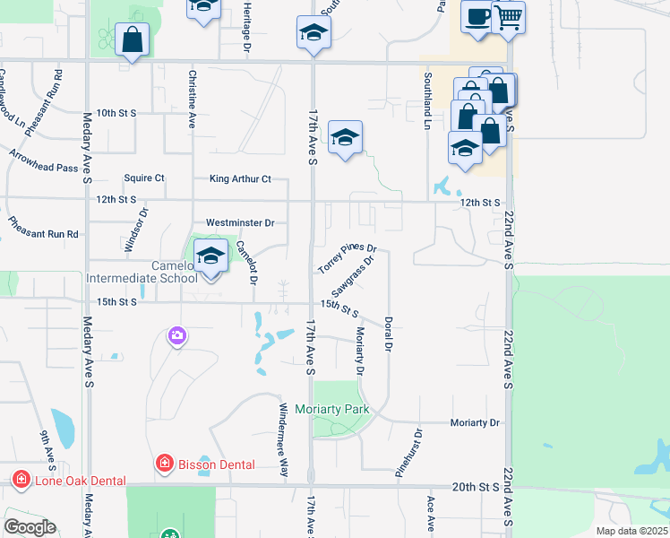 map of restaurants, bars, coffee shops, grocery stores, and more near 1724 Torrey Pines Drive in Brookings