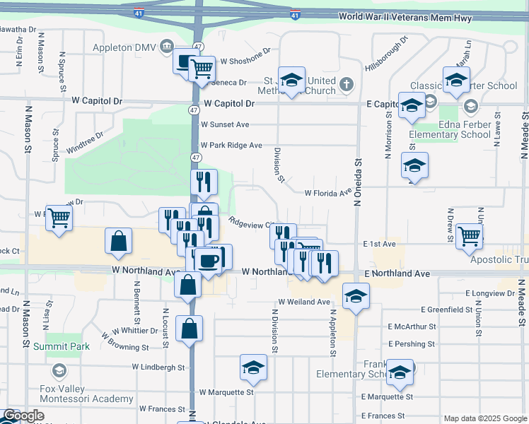 map of restaurants, bars, coffee shops, grocery stores, and more near 475 West Highland Park Avenue in Appleton