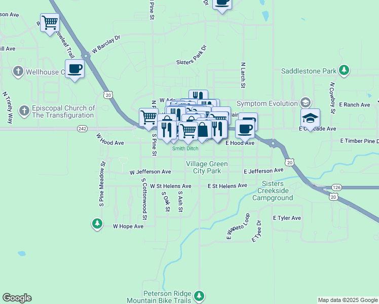 map of restaurants, bars, coffee shops, grocery stores, and more near 220 South Ash Street in Sisters