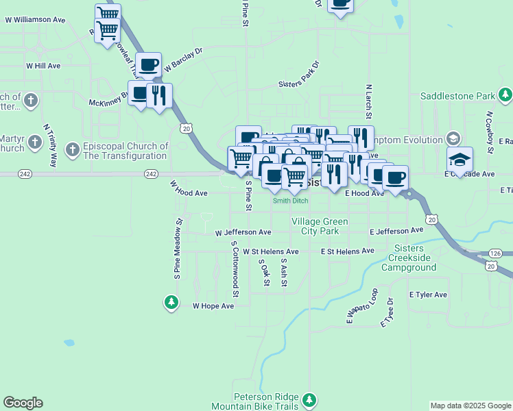map of restaurants, bars, coffee shops, grocery stores, and more near 413 West Hood Avenue in Sisters