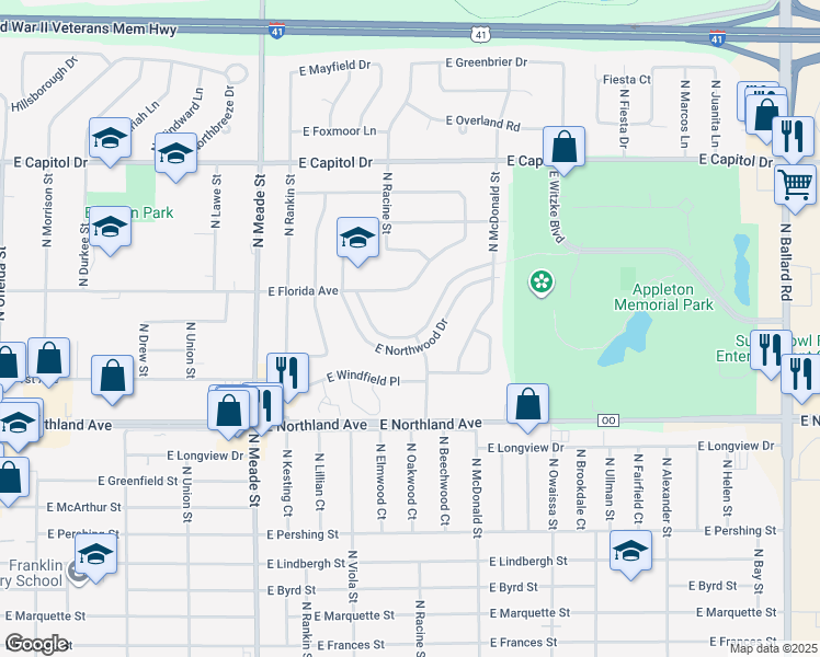 map of restaurants, bars, coffee shops, grocery stores, and more near 1038 East Northwood Drive in Appleton