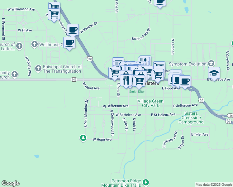 map of restaurants, bars, coffee shops, grocery stores, and more near 413 West Hood Avenue in Sisters