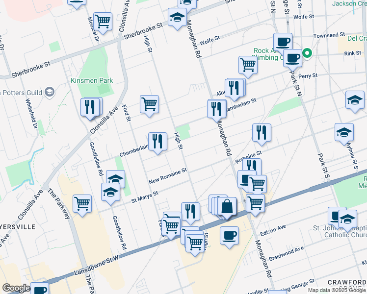 map of restaurants, bars, coffee shops, grocery stores, and more near 1000 High Street in Peterborough
