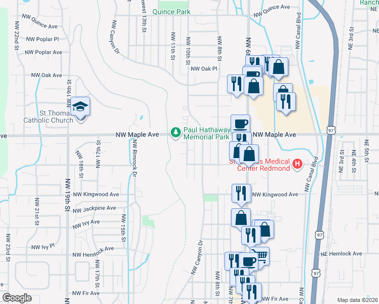 map of restaurants, bars, coffee shops, grocery stores, and more near 1530 Northwest Canyon Drive in Redmond
