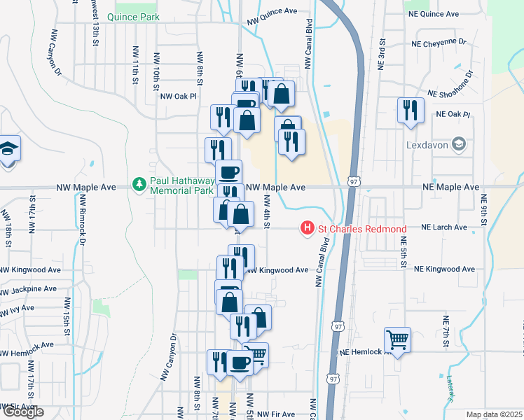 map of restaurants, bars, coffee shops, grocery stores, and more near 440 Northwest Maple Avenue in Redmond