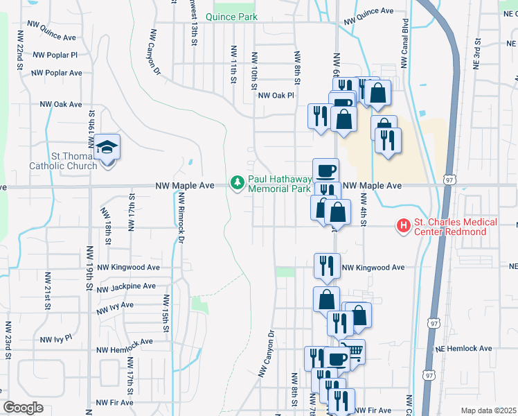 map of restaurants, bars, coffee shops, grocery stores, and more near 1530 Northwest Canyon Drive in Redmond