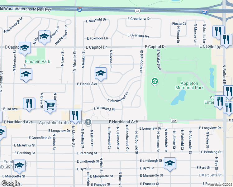 map of restaurants, bars, coffee shops, grocery stores, and more near 1001 East Florida Avenue in Appleton