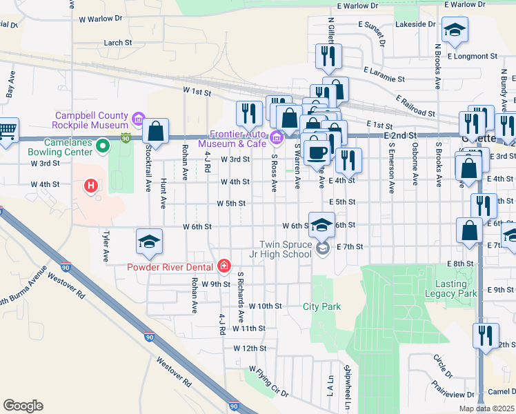 map of restaurants, bars, coffee shops, grocery stores, and more near 404-498 S Richards Ave in Gillette
