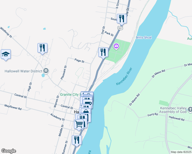 map of restaurants, bars, coffee shops, grocery stores, and more near Water Street in Hallowell