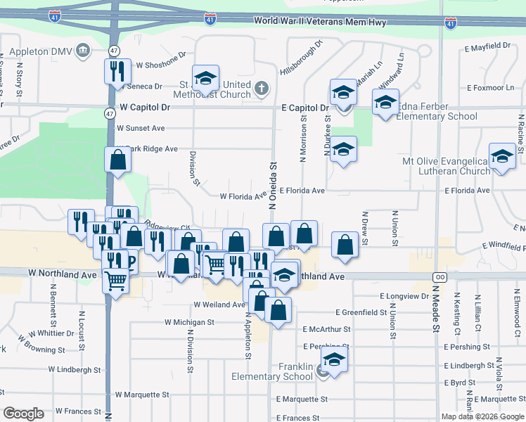 map of restaurants, bars, coffee shops, grocery stores, and more near 3009 North Oneida Street in Appleton