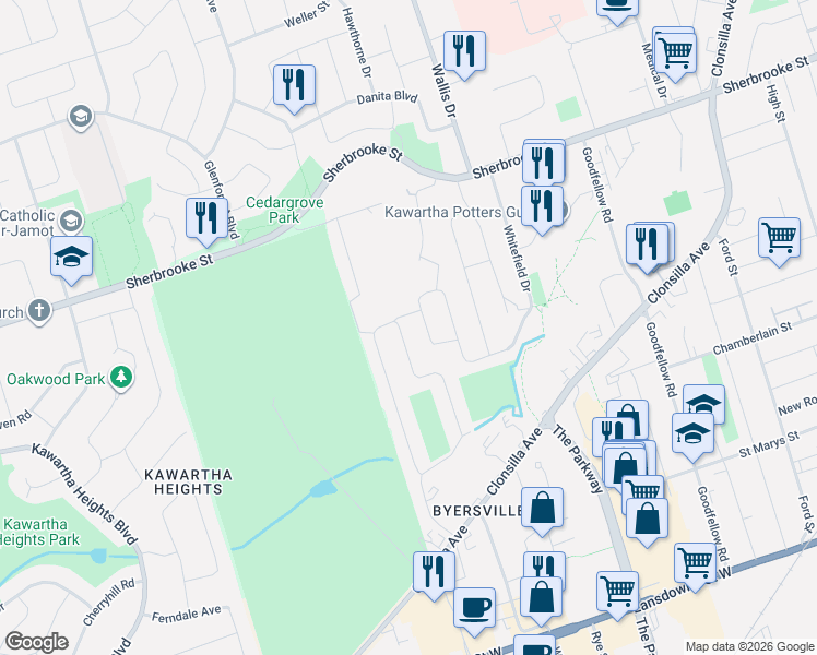map of restaurants, bars, coffee shops, grocery stores, and more near 1094 Afton Road in Peterborough