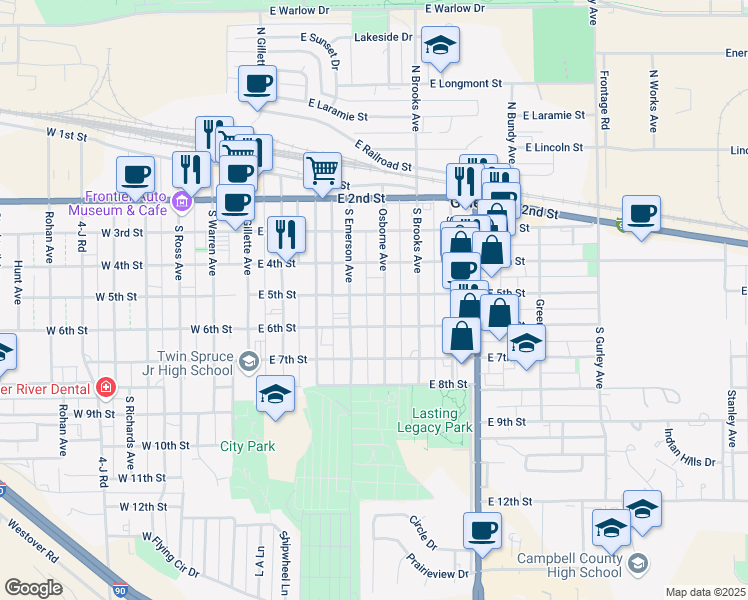 map of restaurants, bars, coffee shops, grocery stores, and more near 500 Osborne Avenue in Gillette