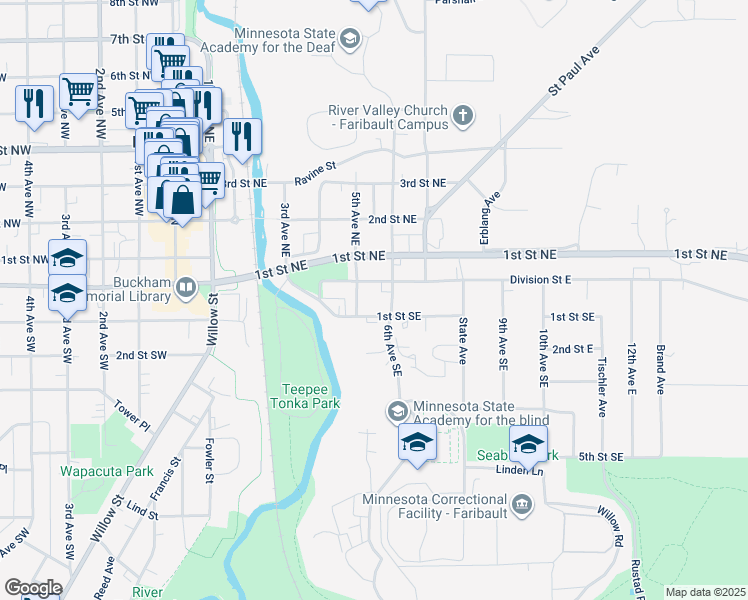 map of restaurants, bars, coffee shops, grocery stores, and more near 500 1st Street Southeast in Faribault
