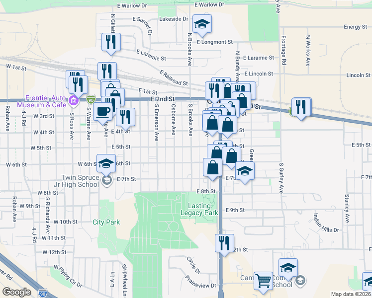 map of restaurants, bars, coffee shops, grocery stores, and more near 406 South Brooks Avenue in Gillette