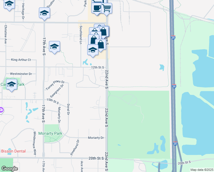 map of restaurants, bars, coffee shops, grocery stores, and more near 1294 22nd Ave S in Brookings
