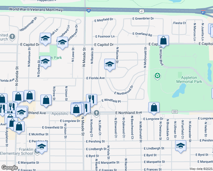 map of restaurants, bars, coffee shops, grocery stores, and more near 913 East Northwood Drive in Appleton