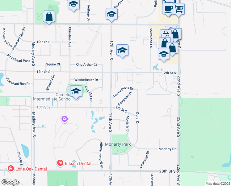 map of restaurants, bars, coffee shops, grocery stores, and more near 1723 Torrey Pines Drive in Brookings