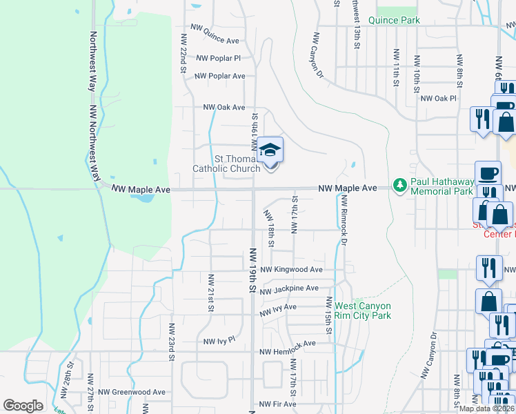 map of restaurants, bars, coffee shops, grocery stores, and more near 1491 Northwest 18th Street in Redmond