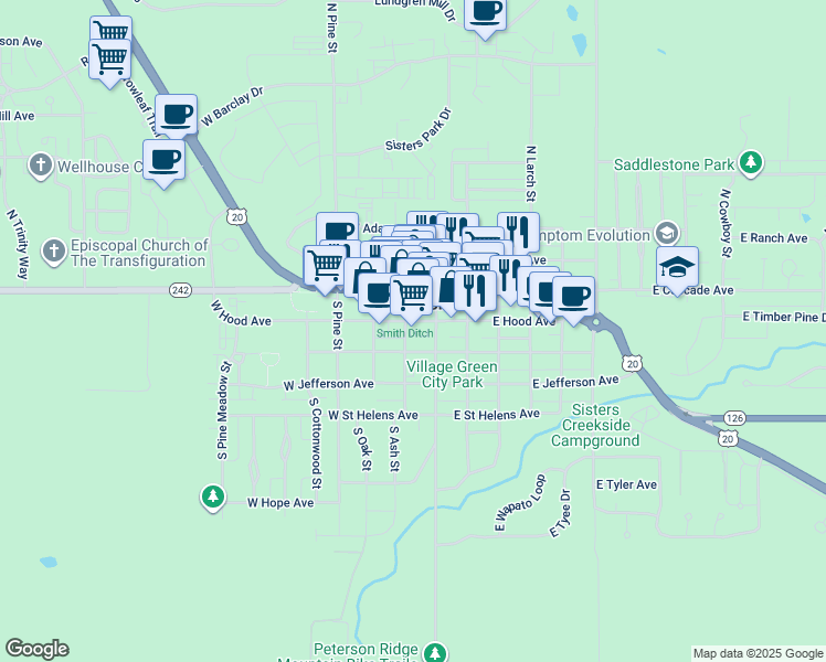 map of restaurants, bars, coffee shops, grocery stores, and more near 220 South Ash Street in Sisters