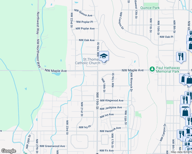 map of restaurants, bars, coffee shops, grocery stores, and more near 1915 Northwest Larch Spur Court in Redmond