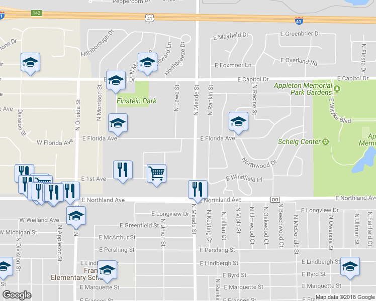 map of restaurants, bars, coffee shops, grocery stores, and more near 3009 N Meade St in Appleton