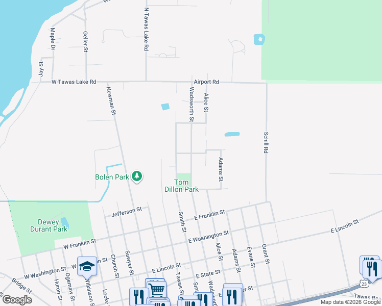 map of restaurants, bars, coffee shops, grocery stores, and more near 499 Bennington St in East Tawas