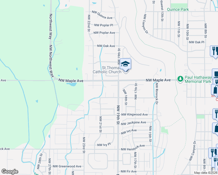 map of restaurants, bars, coffee shops, grocery stores, and more near 2074 Northwest Maple Avenue in Redmond