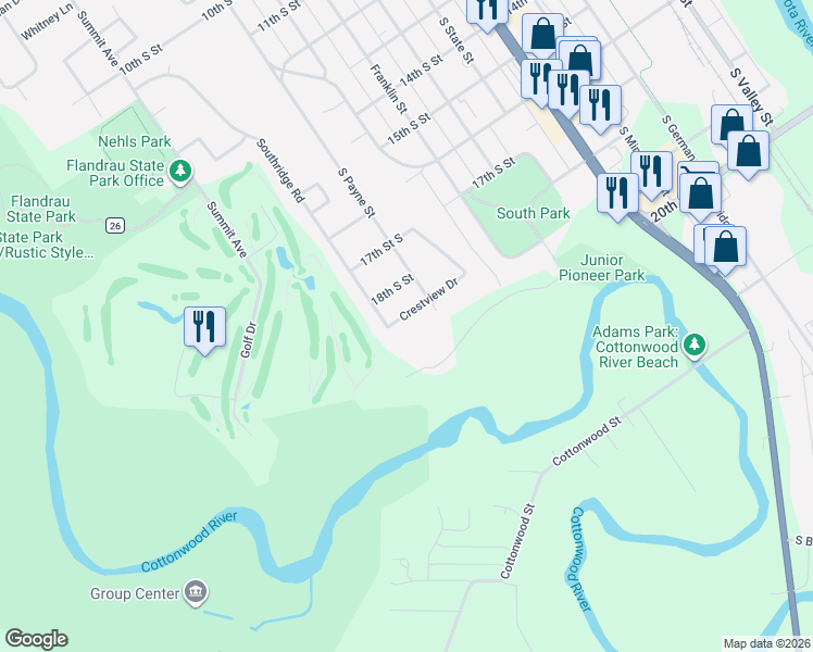 map of restaurants, bars, coffee shops, grocery stores, and more near 1907 Crestview Drive in New Ulm