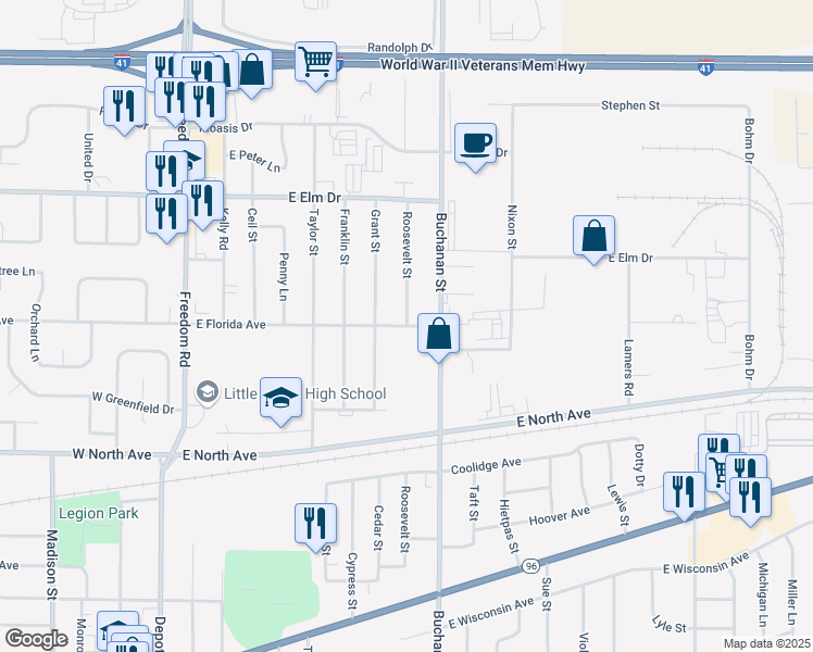 map of restaurants, bars, coffee shops, grocery stores, and more near 1601 Roosevelt Street in Little Chute