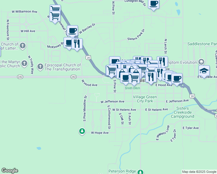 map of restaurants, bars, coffee shops, grocery stores, and more near 473 West Hood Avenue in Sisters