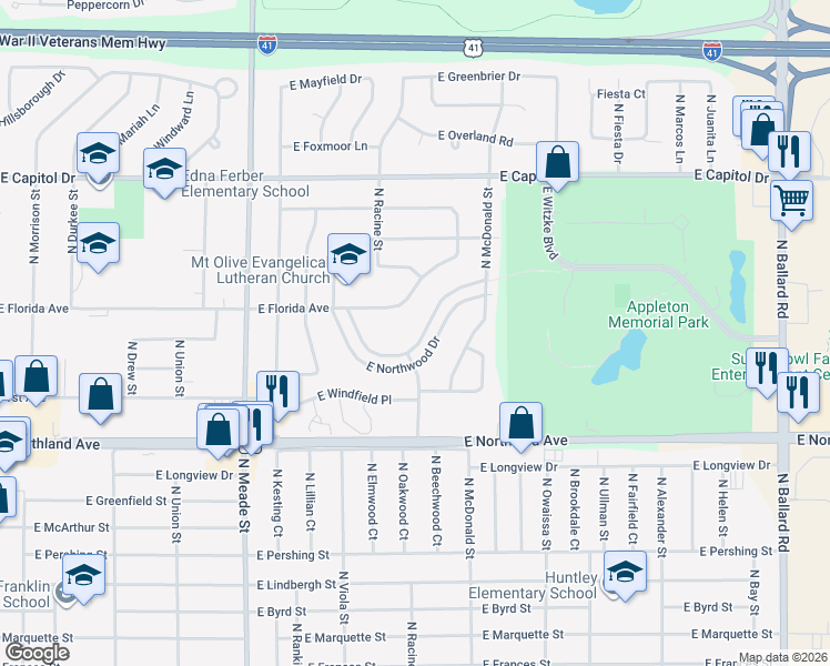 map of restaurants, bars, coffee shops, grocery stores, and more near 1038 East Northwood Drive in Appleton