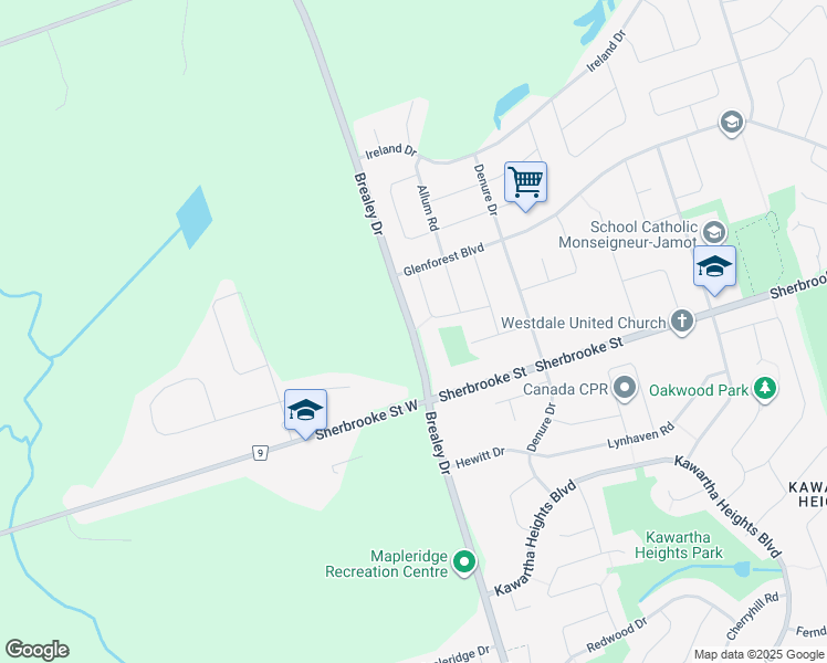 map of restaurants, bars, coffee shops, grocery stores, and more near 1252 Brealey Drive in Peterborough