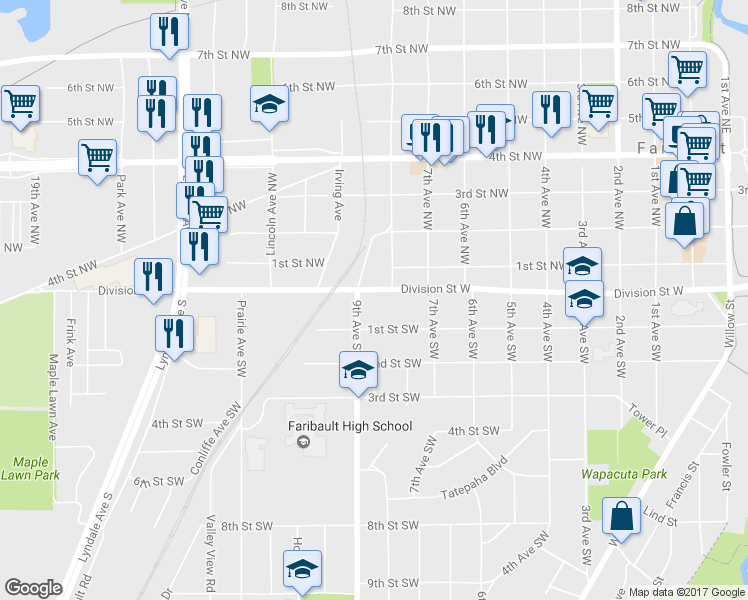 map of restaurants, bars, coffee shops, grocery stores, and more near 815 Division Street West in Faribault