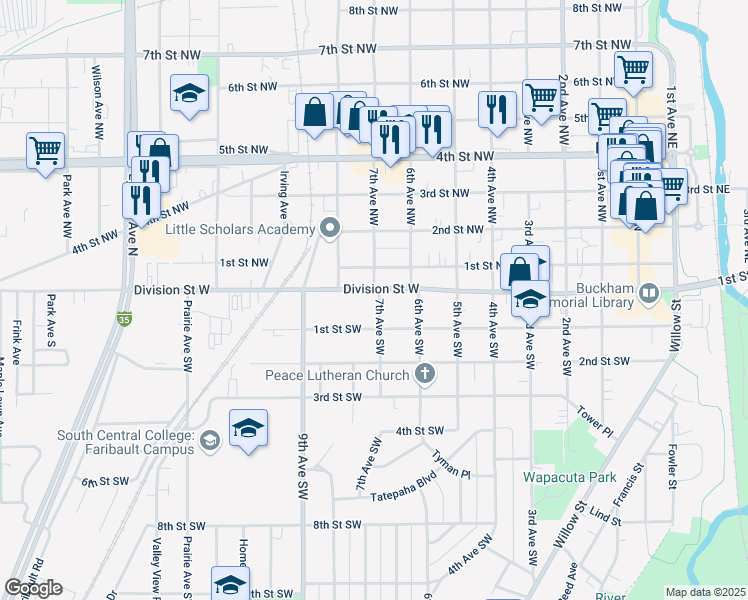 map of restaurants, bars, coffee shops, grocery stores, and more near 625 Division Street West in Faribault