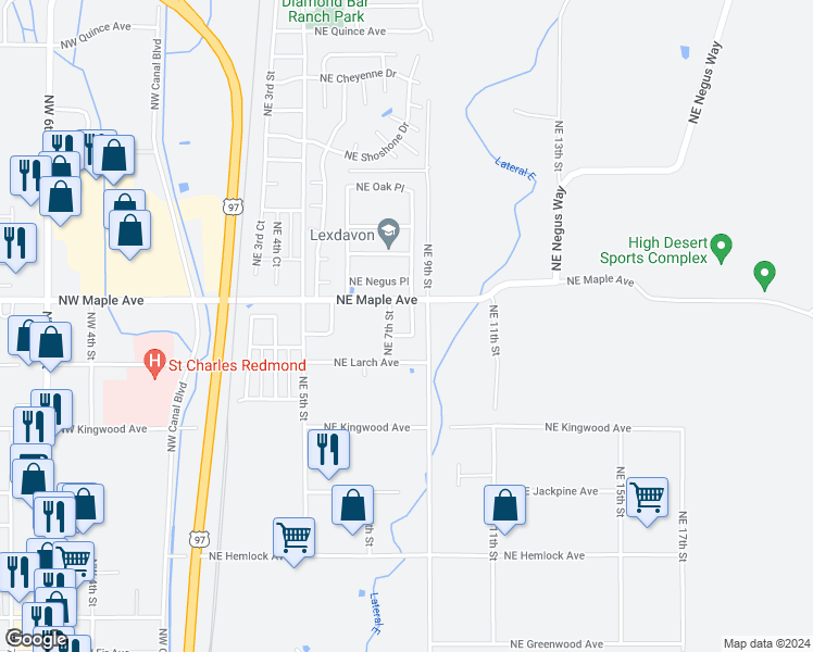 map of restaurants, bars, coffee shops, grocery stores, and more near 1523 Northeast 8th Street in Redmond