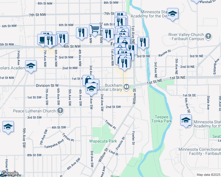 map of restaurants, bars, coffee shops, grocery stores, and more near 4 1st Avenue Southwest in Faribault