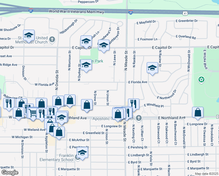 map of restaurants, bars, coffee shops, grocery stores, and more near 600 E Vermont Ave in Appleton