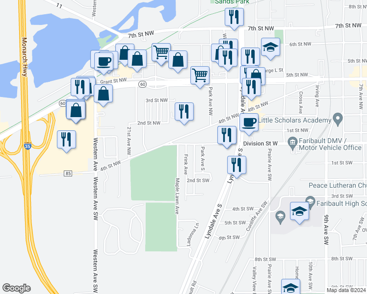 map of restaurants, bars, coffee shops, grocery stores, and more near 1805 Division Street West in Faribault