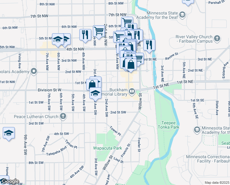 map of restaurants, bars, coffee shops, grocery stores, and more near 4 1st Avenue Southwest in Faribault