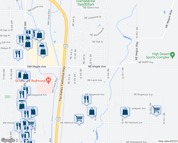 map of restaurants, bars, coffee shops, grocery stores, and more near 562 Northeast Negus Loop in Redmond